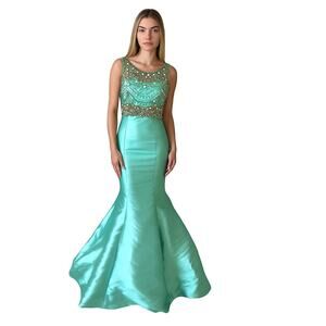 Vintage Rachel Allan dress maxi mermaid style beaded sea foam green  SZ 2 formal